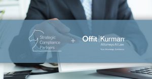 Strategic Compliance Partners logo with plus sign and Offit Kurman- on back of photo is show a businessman holding a pen and paper on a desk