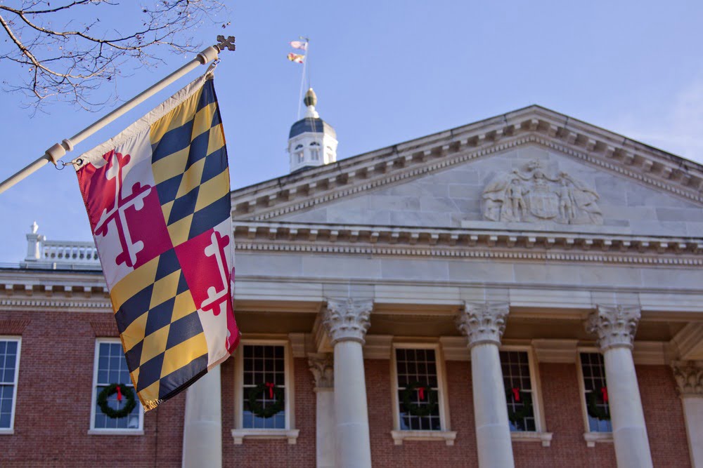 maryland flag hanging outside of a courthouse